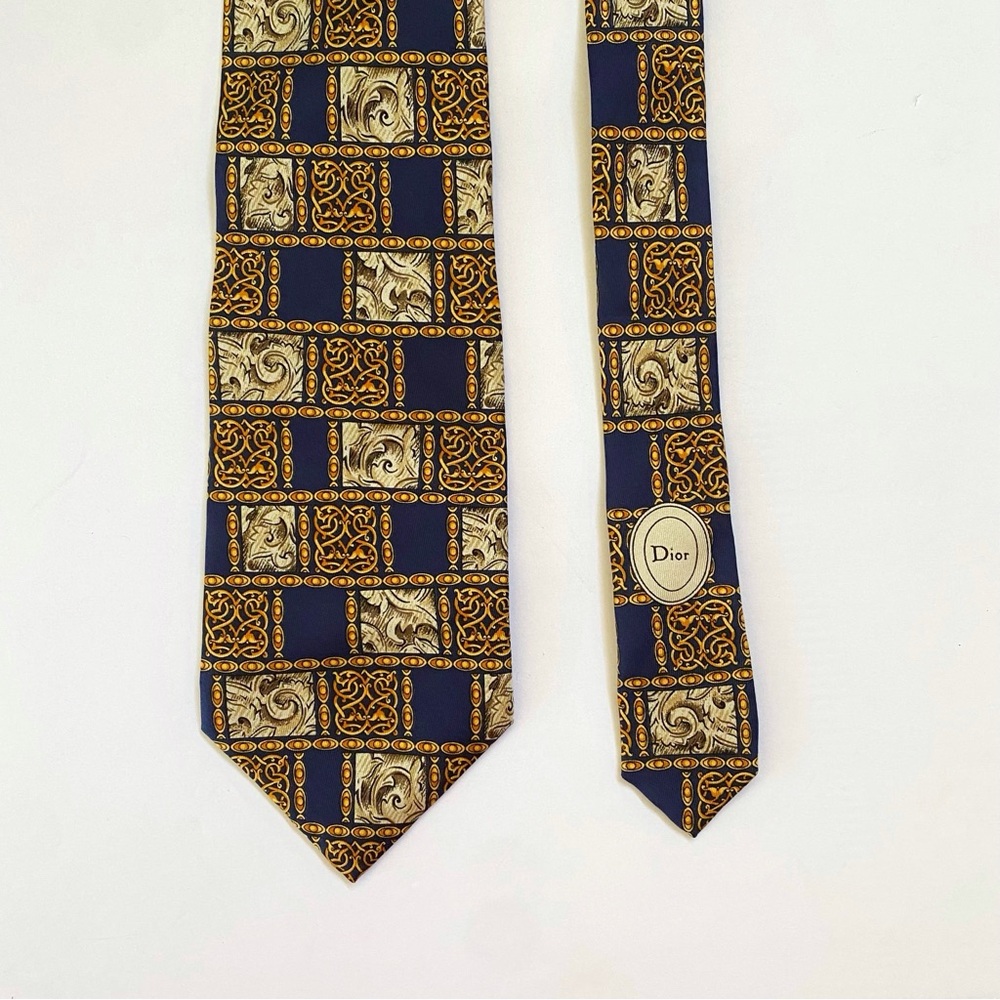 VINTAGE CHRISTIAN DIOR MONSIEUR NAVY BLUE GOLD CREAM SQUARE PRINT SILK NECK TIE - Picture 2 of 6